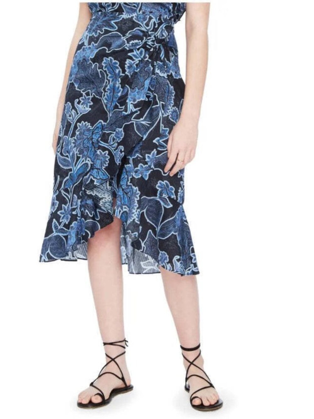 Parker Drew Wrap Skirt Blue Floral Midi Ruffle Asymmetric Cotton 8